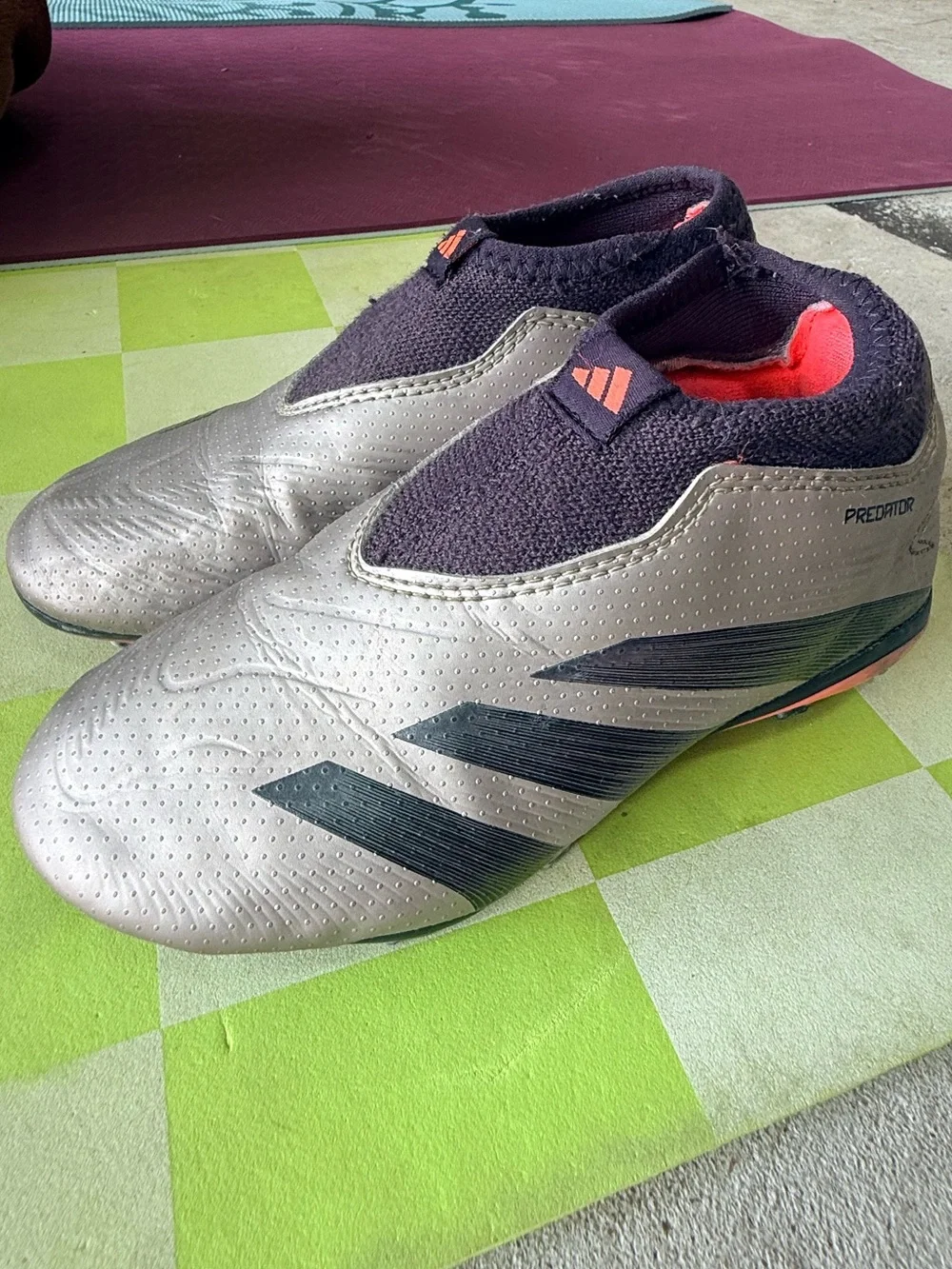 adidas Kids Predator Soccer Shoes in Silver, Navy, and Coral